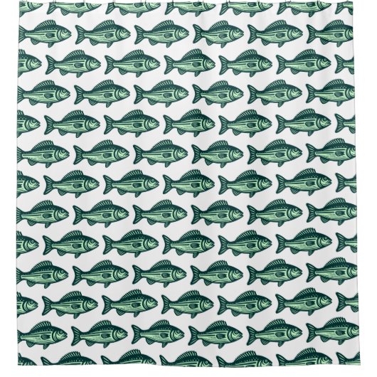 魚のパターン – 濃い緑と幽霊の緑（白） シャワーカーテン (正面)