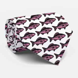 魚のパターン – 白の上に黒とピンク ネクタイ