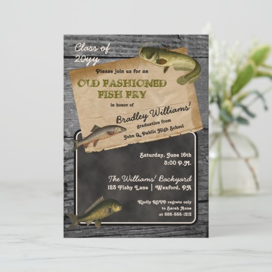 魚のフライ素朴卒業式バックヤード調理用パーティー 招待状 (スタンド正面)