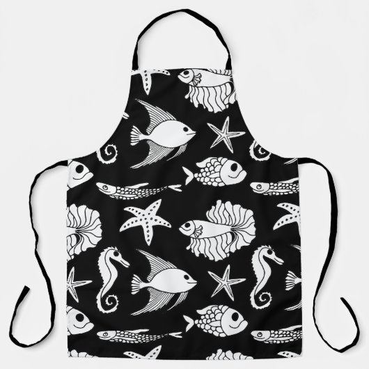 魚のモチーフ：白黒柄 エプロン (正面)