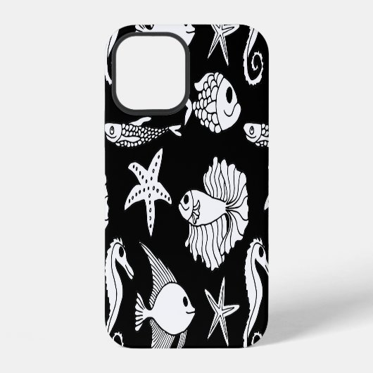 魚のモチーフ: 黒と白のパターン。 iPhoneケース (裏面)