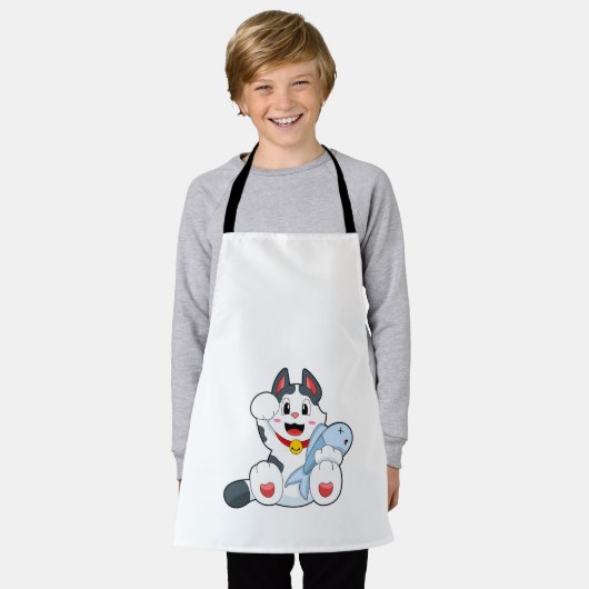 魚の付いた猫 エプロン (着用した状態)