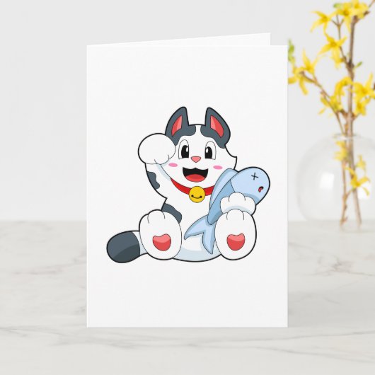 魚の付いた猫 カード (黄色い花)