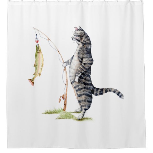 魚の付いた猫 シャワーカーテン (正面)