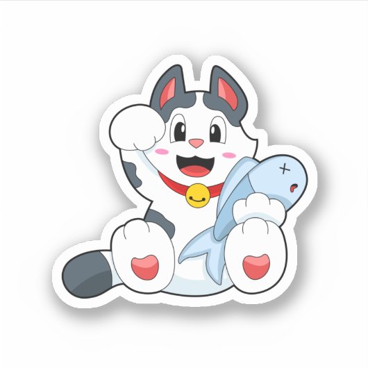 魚の付いた猫 シール (正面)