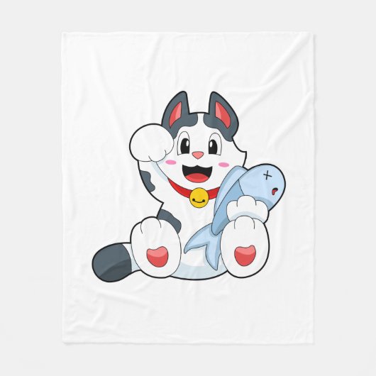 魚の付いた猫 フリースブランケット (正面)