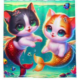魚の友達と人魚の子猫たち シャワーカーテン