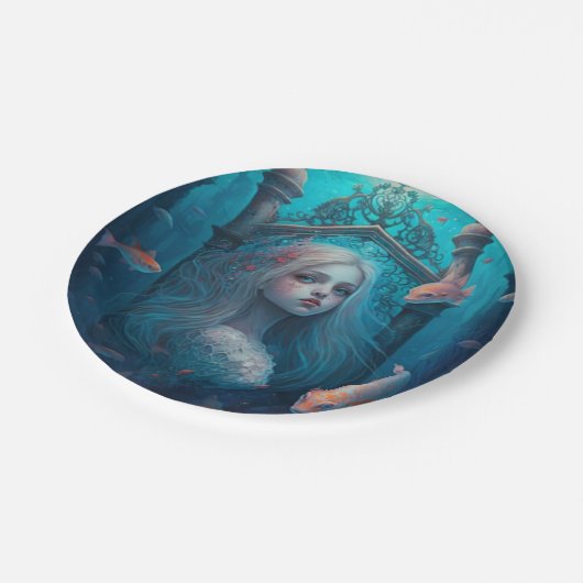 魚の可愛い壁時計と泳ぐ人魚の紙 ペーパープレート (アングル)