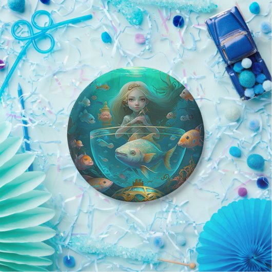 魚の可愛い壁時計と泳ぐ人魚の紙 ペーパープレート (パーティー)
