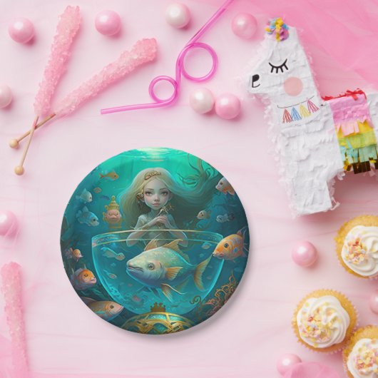 魚の可愛い壁時計と泳ぐ人魚の紙 ペーパープレート (パーティー)