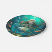 魚の可愛い壁時計と泳ぐ人魚の紙 ペーパープレート (アングル)