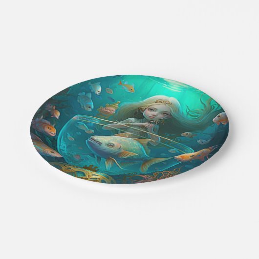 魚の可愛い壁時計と泳ぐ人魚の紙 ペーパープレート (アングル)