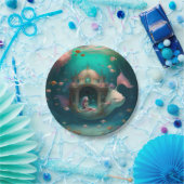 魚の可愛い壁時計と泳ぐ人魚の紙 ペーパープレート (パーティー)