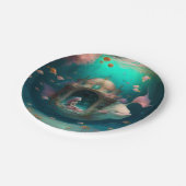 魚の可愛い壁時計と泳ぐ人魚の紙 ペーパープレート (アングル)