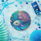 魚の可愛い壁時計と泳ぐ人魚の紙 ペーパープレート (パーティー)