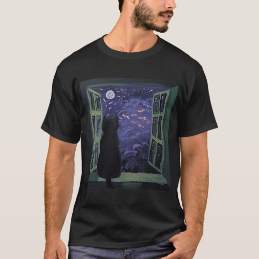 魚の地平線をじっと見つめる黒猫 Tシャツ (正面)
