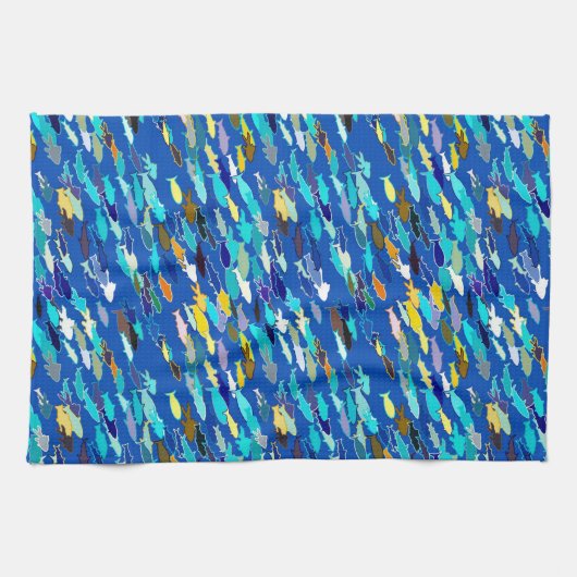 魚の学校,ダークブルー,白とターコイズ キッチンタオル (横)