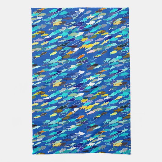 魚の学校,ダークブルー,白とターコイズ キッチンタオル (縦)