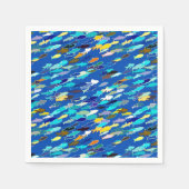 魚の学校，ダークブルー，白とターコイズ スタンダードカクテルナプキン (正面)