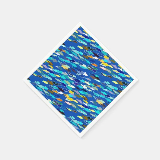 魚の学校，ダークブルー，白とターコイズ スタンダードカクテルナプキン (角)