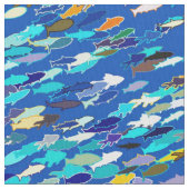 魚の学校，ダークブルー，白とターコイズ ファブリック (クローズアップ)