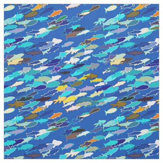 魚の学校，ダークブルー，白とターコイズ ファブリック (見本)
