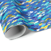 魚の学校，ダークブルー，白とターコイズ ラッピングペーパー (ロールコーナー)