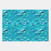 魚の学校，紺色，水色とターコイズ ラッピングペーパーシート (正面3)