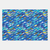 魚の学校，紺色，水色とターコイズ ラッピングペーパーシート (正面)