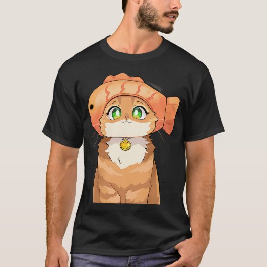 魚の帽子をかぶったかわいい猫 Tシャツ (正面)