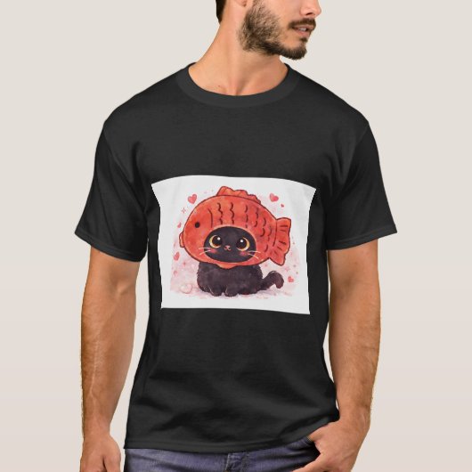 魚の帽子をしたかわいい猫のイラスト Tシャツ (正面)