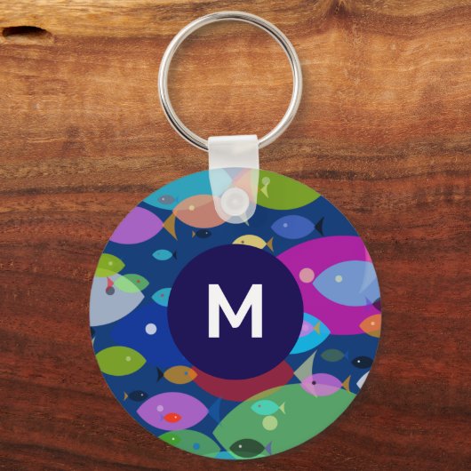 魚の抽象芸術パターカラフルンブルーモノグラム キーホルダー (裏面)
