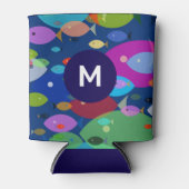 魚の抽象芸術パターカラフルンブルーモノグラム 缶クーラー (正面)