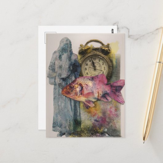 魚の時計人のコラージュ ポストカード (正面/裏面インサイチュ)