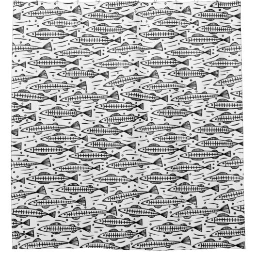 魚の模様のショール – 白に黒 シャワーカーテン (正面)