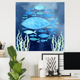 魚の海引きキャンバス印刷 ポスター