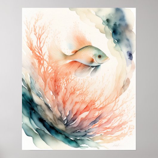 魚の絵画珊瑚の水色 ポスター (正面)