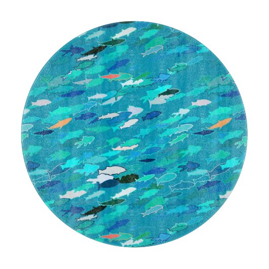 魚の群れ，ターコイズ，青と水色 カッティングボード (正面)