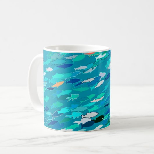 魚の群れ，ターコイズ，青と水色 コーヒーマグカップ (正面左)