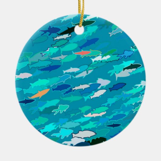 魚の群れ,ターコイズ,青と水色 セラミックオーナメント (正面)