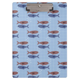 魚の群れ ブルーグリッド模様 ノート クリップボード