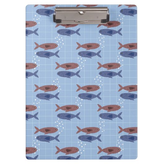 魚の群れ ブルーグリッド模様 ノート クリップボード (正面)