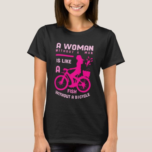 魚の自転車フェミニストのような男のないピンクの女性 Tシャツ (正面)