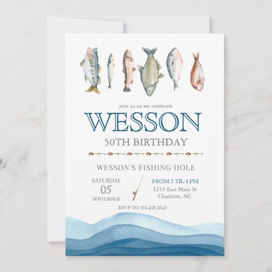 魚の誕生日招待状、魚釣り男性誕生日 招待状 (正面)