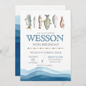 魚の誕生日招待状、魚釣り男性誕生日 招待状 (正面/裏面)