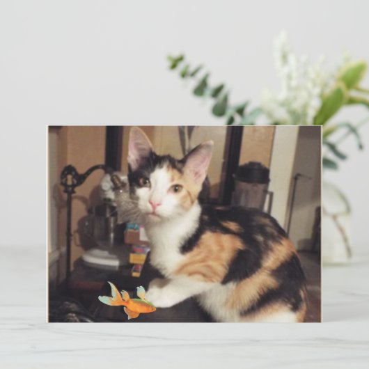 魚の贈り物を入れた三毛猫フラットカード 招待状 (スタンド正面)