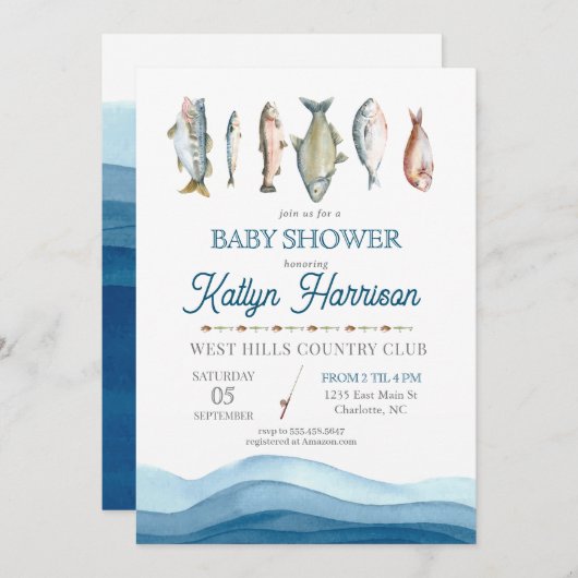 魚の赤ちゃんシャワー招待状、魚釣りの赤ちゃんシャワー 招待状 (正面/裏面)