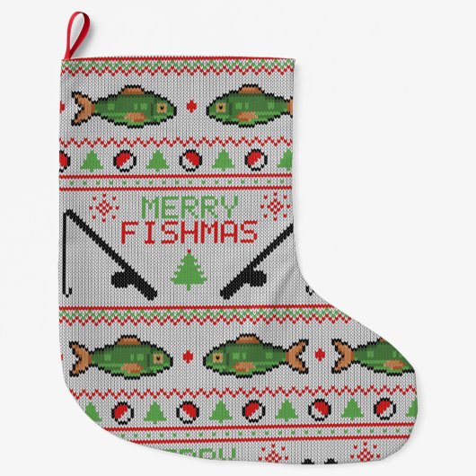 魚の醜いクリスマスセーター ラージクリスマスストッキング (正面)