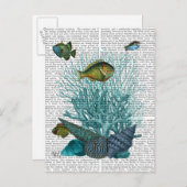 魚の青い貝殻とサンゴ ポストカード (正面/裏面)