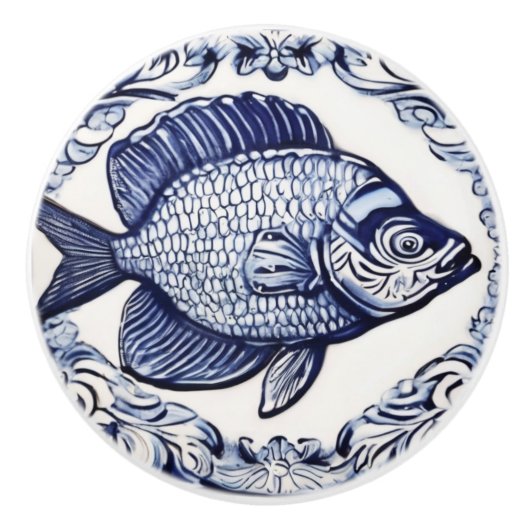 魚の青と白の海と海右向き セラミックノブ (正面)